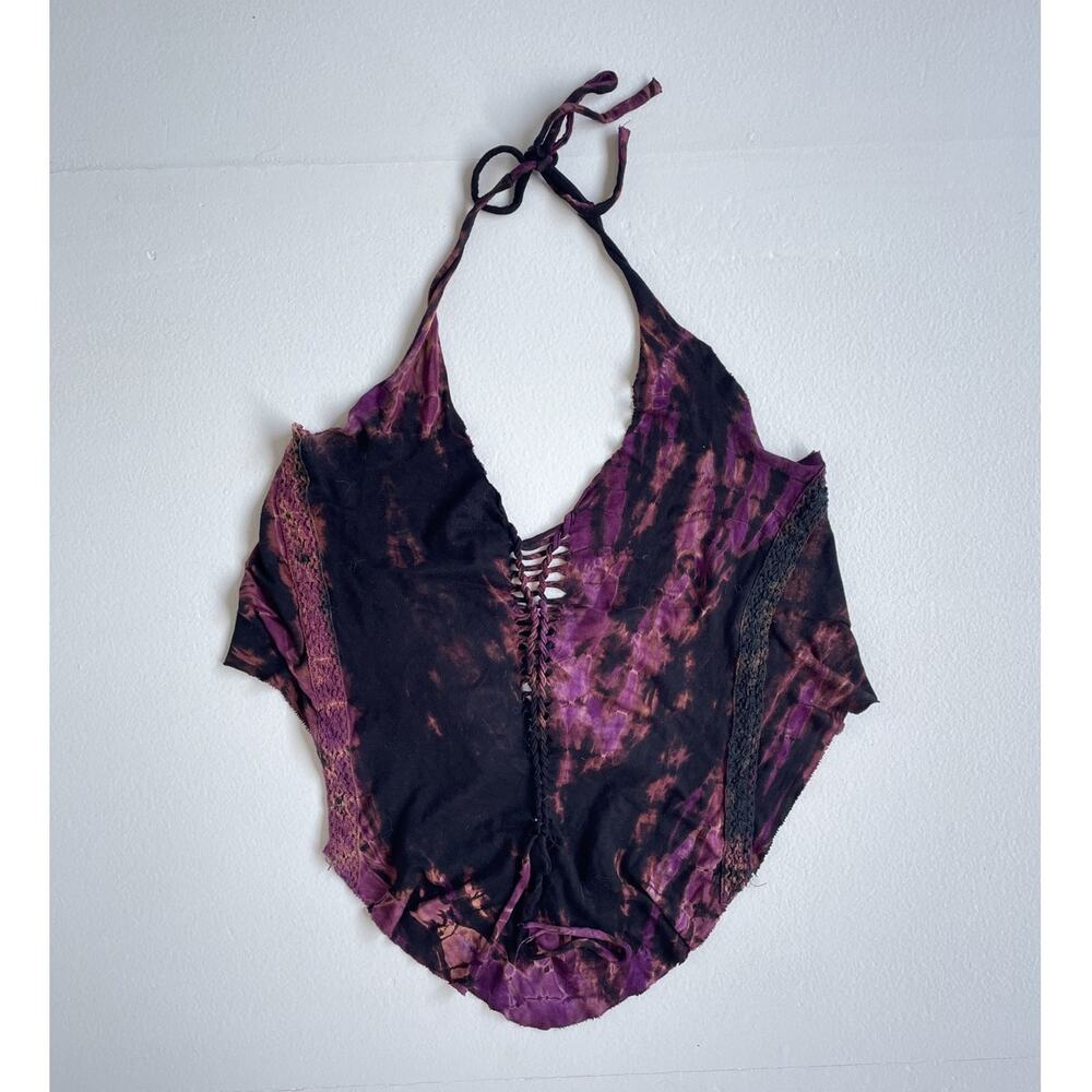 Vtg 90s Y2K Purple Crochet Halter Top / Corset Tie Hippie Fairy Festival / Rayon
